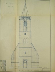 <p>Opmeting van de bestaande toestand van de westgevel van de toren uit 1952. (Archief RCE). </p>

